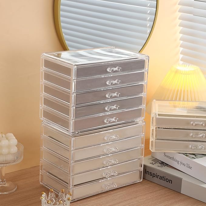 5 Drawerss Necklace Organizer Box, Tray with Clear Lid, Dustproof Velvet Necklaces Holder Storage Display Case, Gery Necklace Tray Drawer Insert for Pendant Suitable for Women and Girls (25 grids)