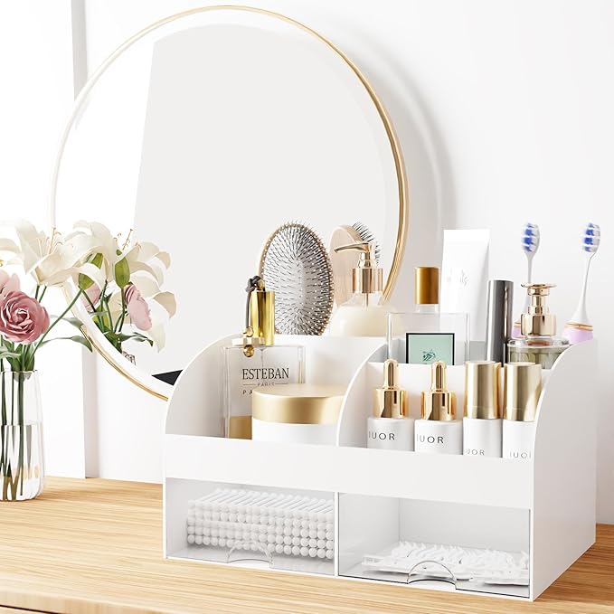 Makeup Organizer with Drawers, White-2P