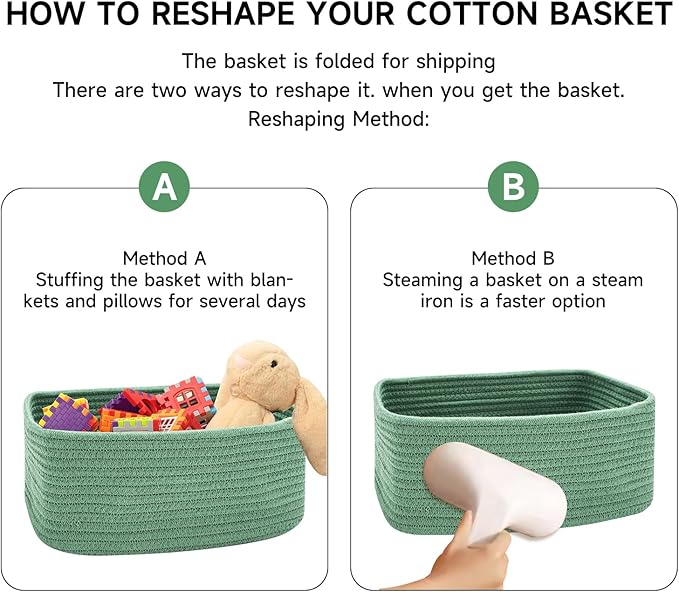 MiniArk Small Storage Baskets for Organizing | Closet Organizer Bins | Shelf Toy Basket | Woven Rope Baskets | Cube Decorative Box | Shallow Basket | 13x8.5x5.1” | 4 Packs Green