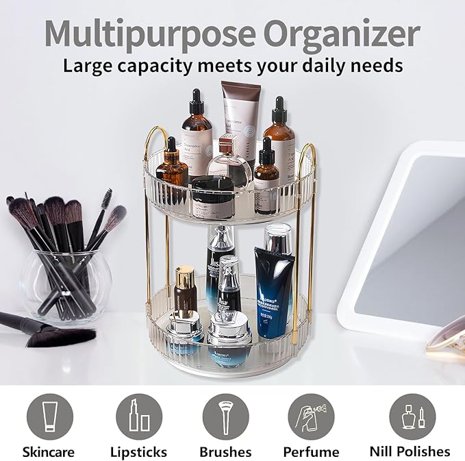 360 Rotating Makeup Organizer, Clear-2 Tier
