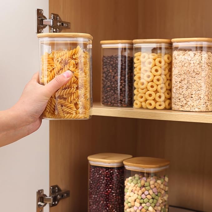 6 Pack 1.2qt Square Glass Storage Containers with Bamboo Press Lids