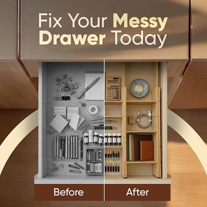 6 Pack Bamboo Drawer Dividers, Adjustable 17ā22 Inch Expandable Drawer Organizer for Kitchen, Dresser & Closet, Bamboo Kitchen Drawer Organizer, Drawer Divider Set with 12 Inserts