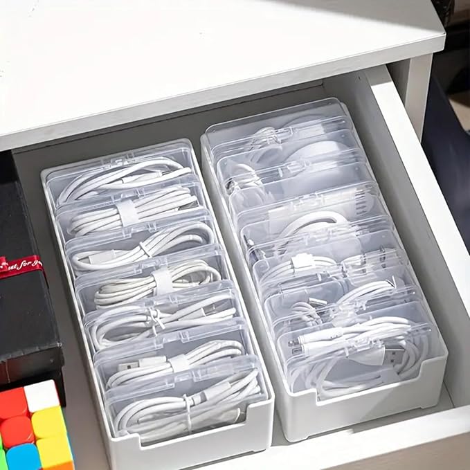 RayHenry 2 PCS Cable Organizer Box with 7 Clear Switch Case, Desktop Charger Cord Storage Organizer Box for Home Office Desk Accessories Wire Organization Stationery Supplies (white)