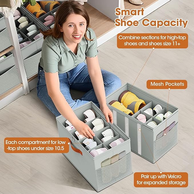 4 Pack Shoe Organizer for Closet,Foldable Shoe Storage Organizer with Adjustable Dividers, Shoe Storage Box with Clear Cover, Fits up to 32 Pairs, Gray