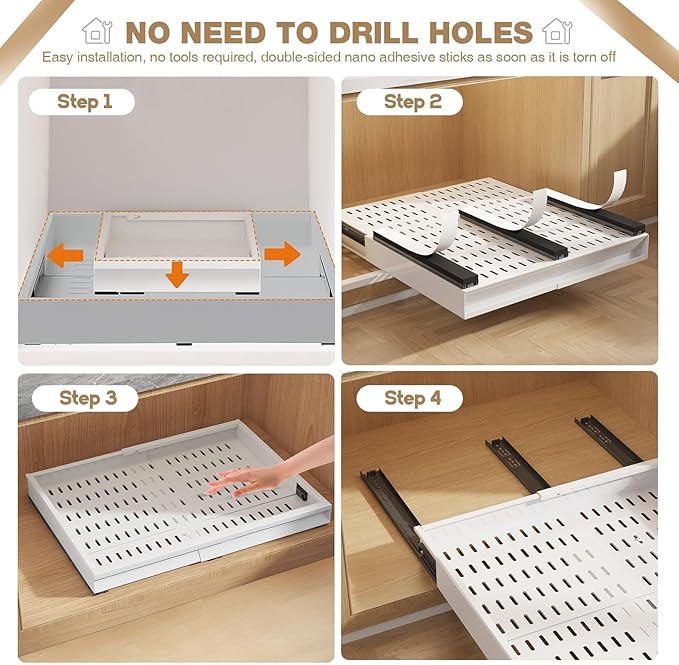 Seinloes Pull Out Cabinet Organizer, 4-Side Expandable to Fit Most Cabinets, 3 Rail Slide Out Drawers with Raising Pad for Framed & Frameless Cabinets, 13"-21" W x 13"-17" D, White, 2 Pack