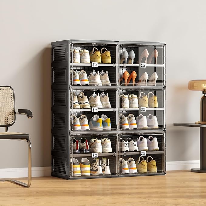 Vipbox Black Shoe Rack Organizer Cabinet for Closet Entryway,Clear Shoe Storage Boxes Stackable Sneaker Storage with Door Easy Assembly Shoe Cabinet with Lids Large 6 Tiers 24 Pairs