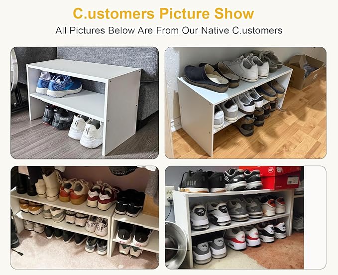 White Shoe Rack Organizer for Closet, 2-Tier Expandable Shoe Shelf, Stackable Iron Wood Combination Small Shoe Racks Shelves for Closets, Entryway,Small Space,Hallway,Bedroom,Bathroom,6-12 Pairs