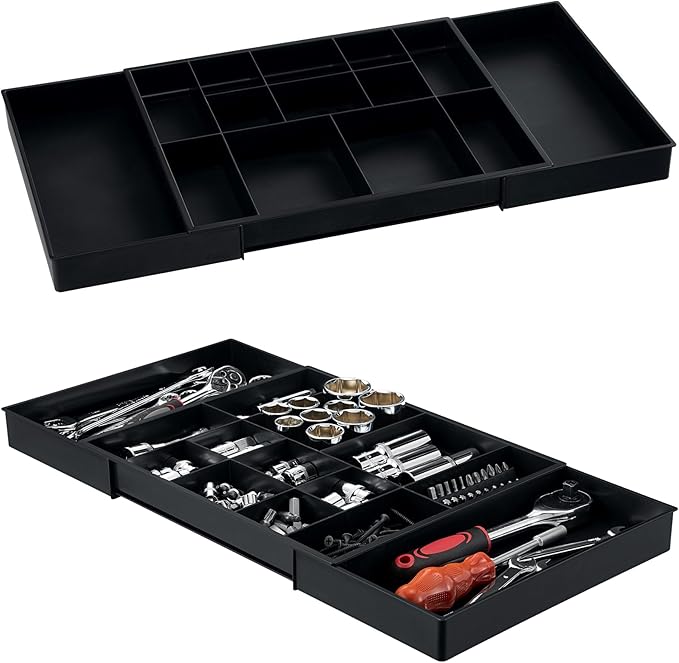 ONREVA Tool Box Organizer Tray Divider Set, Expandable Large Toolbox Storage Tray Kit, Rolling Tool Chest Drawer Bins, Hardware Screwdrivers Pliers Organization, 2pcs low profile Trays.