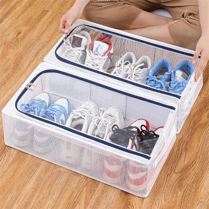 Stackable Shoe Boxes with Clear Lids, 23.6-Inch Boot Storage Bins with Handles for Bedroom Dormitory Under-Bed (3 Pack, 28.5Qt, 23.6x11.8x6in)