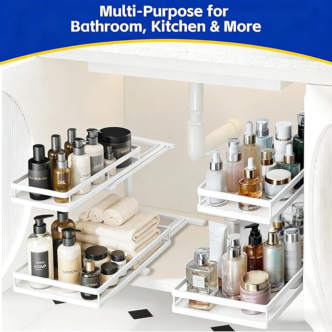 Under Sink Organizer, Dual-Rail Ball-Bearing, Under Kitchen Sink Organizer, 6-Level Adjustable, Under Cabinet Organizer, No-Drill Adhesive/Suction, Under Sink Storage (White, Double Layer - 1 Pack)