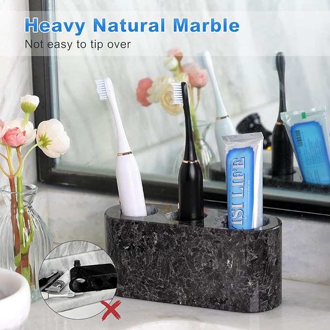 BCS Toothbrush Holder for Bathrooms, 3 Slots Marble Toothbrush Organizer, Makeup Brush Stand Toothbrush Storage Collection for Bathroom Countertop Vanity Organization - Marron Bahia