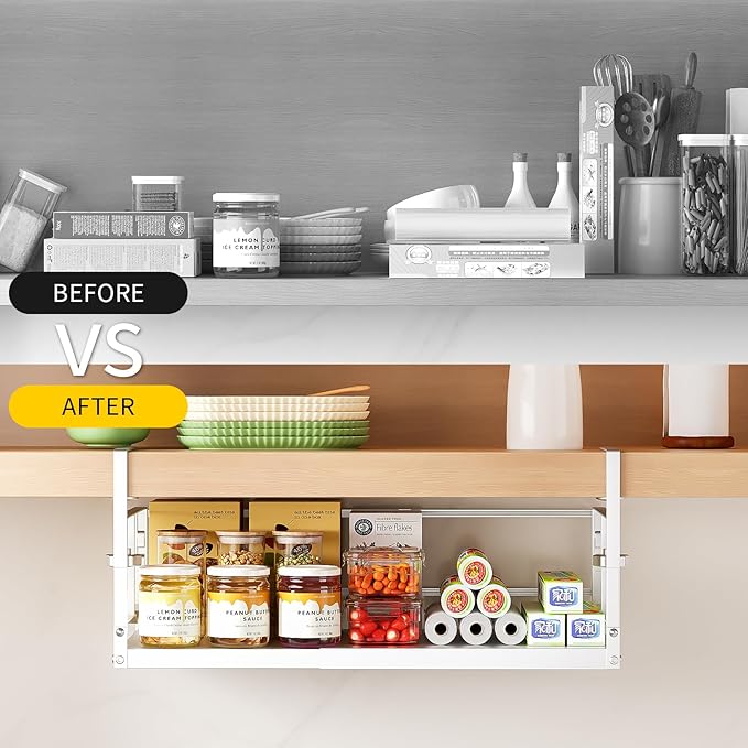 prueBox Under Shelf Storage Basket Organizer Adjustable Hanging Holder with Knob Lock, Heavy Duty Metal Panel for Pantry, Kitchen, Office, Closet Holds 50 lbs, 11.8"-19.3" Wide, White, 1 Pack