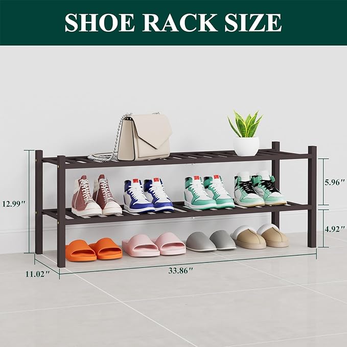 Smiry Long Bamboo Shoe Rack, 2 Tier Free Standing Wooden Shoe Organizer, Stackable Wood Shoe Storage Shelf for Closet, Entryway, 14 Vertical Slats, One-piece Heavy-Duty Legs, 33.7"x11"x13", Brown