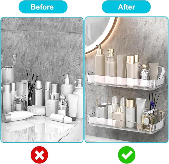 CGBE Adhesive Long Shower Caddy: Stick Hanging Acrylic Organizer Shelves - 2-Pack Modern Wall-Mounted Holder for Girls, Men & Kids - Bathroom Wall Bathtub