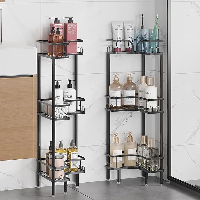 Standing Shower Corner Caddy, 3-Tier Stainless Steel Material Shower Organizer with 12 Hooks - Space Saving Corner Shelf with Adjustable Feet for Bathroom, Compact Spaces (Black, 3 Tiers)