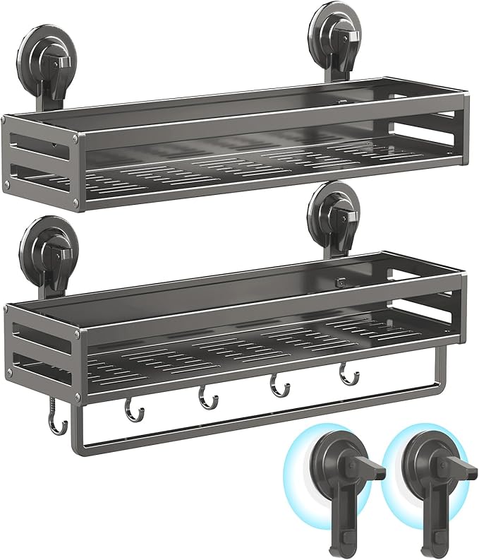 Suction Cup Shower Caddy, 15.7inch Extended Version, With 5 Hooks & Towel Rrack