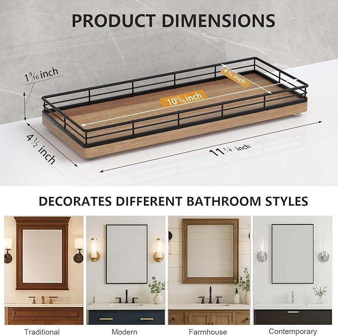 Bathroom Tray for Counter Top Organizer – Acacia Wood Vanity Tray with Metal Frame for Dresser, Kitchen, Nightstand – Black & Acacia Decorative Storage