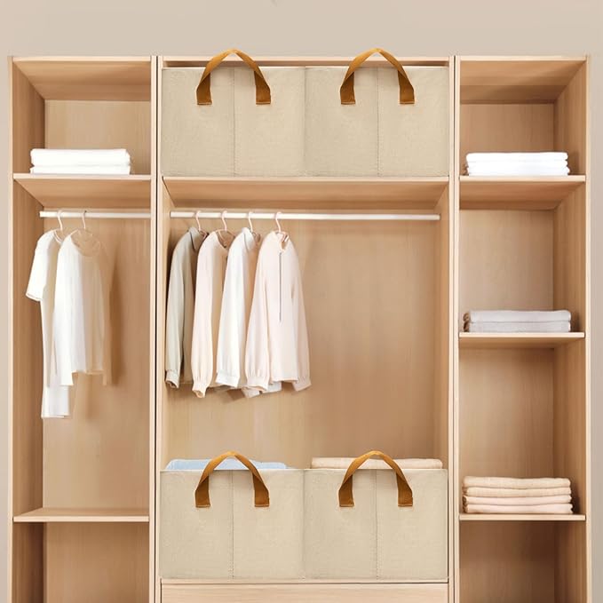 SNWDN 6 Pack Closet Cloth Storage Bins for Shelves, Medium Storage Baskets for Shelves, Fabric Bins for Closet organization with Handles( Beige 15''L x 10''W x 8''H)