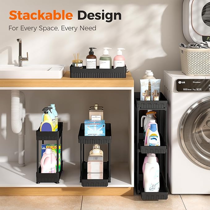 Sevenblue 3 Pack Under Sink Organizer, 2 Tier Slide Out Bathroom Cabinet Organizer, Multi-Purpose Storage Shelf for Kitchen, Black, 12.8Inch
