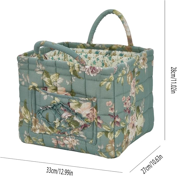 Fabric Baskets for Storage - Quilted Boho Floral Basket with Handles, Foldable Organizer for Home, Office, Clothes, Blankets, Books or Toys - 12'' x 10'' x 10''(Green)