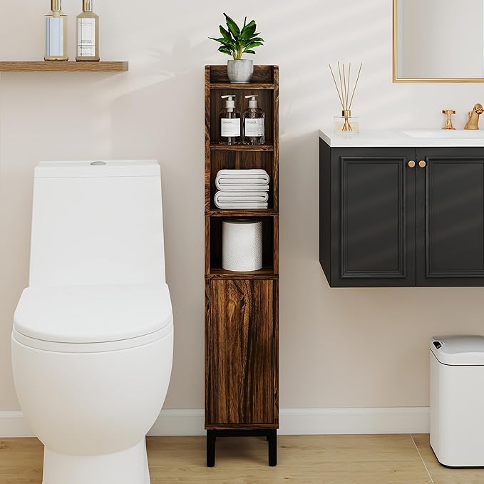 Small Bathroom Storage Cabinet, Walnut, 5-Tier
