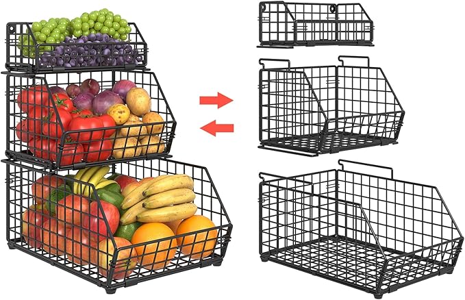 3-Tier Fruit Basket for Kitchen Counter, Stackable Wire Baskets Wall, Potato and Onion Storage Bins, Pantry Organizers, Pantry Storge and Storage for Potato, Onion, Produce, Fruit, Vegetable, Snack