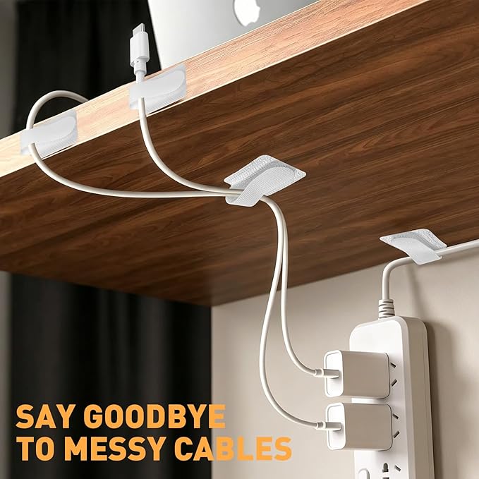 100pcs Hook and Loop Cable Straps,Under Desk Cable Management,Adjustable Cord Organizer for Desk Home Office Organization (White)