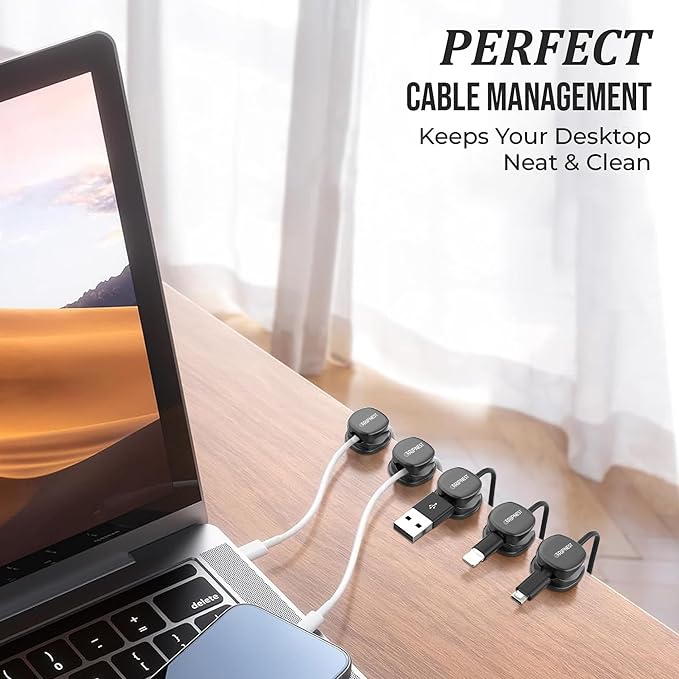 Never-Lose 1s Lock Spring Cable Solution ā Rotatable Cable Clips, Strong Adhesive Cord Organizer & Wire Holder for Desk, Car, Wall & Nightstand, Tangle-Free Cable Management, 12 Pack (Black)