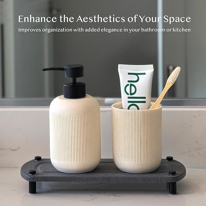 2PCS Water Absorbing Stone Soap Tray for Kitchen Bathroom Sink, Quick Dry Diatomaceous Earth Drying Rack and Shower Caddy, Soap Dispenser and Sponge Holder Organizer for Countertop, TWINKLE MOMENT; Dark Gray