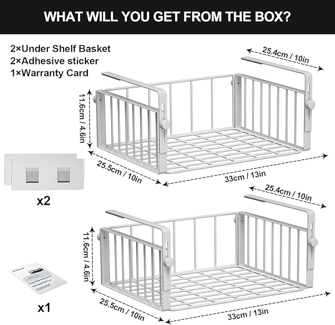 2 Pack Hanging Under Shelf Storage Basket, White