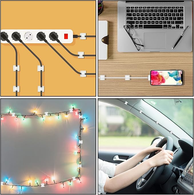130 Pcs Cable Clips, Adhesive Cable Organizer Cord Holder Wire Clip Wire Management Self Adhesive Hooks Wire Holder for Office, Home(White, 130PCS-Large)