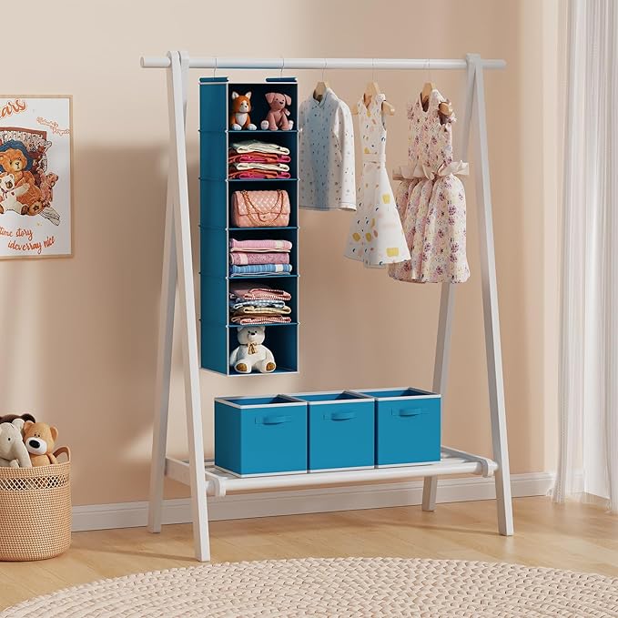 MAX Houser 6-Shelf Hanging Closet Organizer, Hanging Storage Shelves with 2 Sturdy Hooks Space-Saving for Bedroom, Foldable (Blue)
