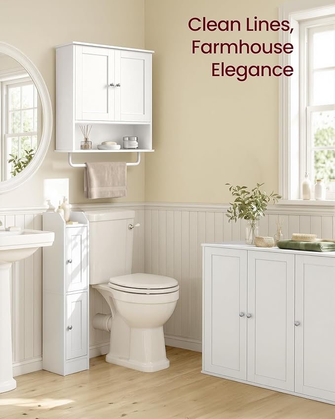 VASAGLE Siren Collection - Hanging Bathroom Cabinet with Towel Rod, Farmhouse Wall Storage Cabinet, with Adjustable Shelf, and Doors, 7.9 x 20 x 23.6 Inches, Cloud White UBBK149WB01S