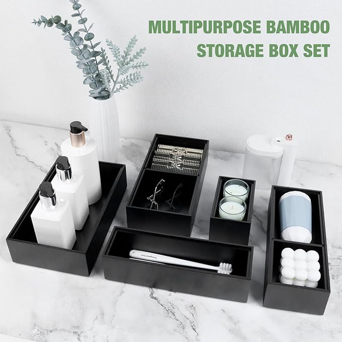 Bamboo Drawer Organizer, 5 PCS Black Silverware Tray&Desk Organizers and Storage