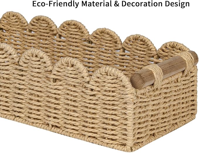 CubesLand Scalloped Edge Toilet Paper Storage Basket, Living Room Home Cozy Decor Basket, Paper Rope Small Baskets for Over Toilet Storage Shelf, End Table, Shelves, with 2 Wooden Handles, Beige