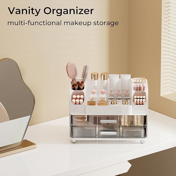 Makeup Organizer for Vanity with 2 Large Drawers, White