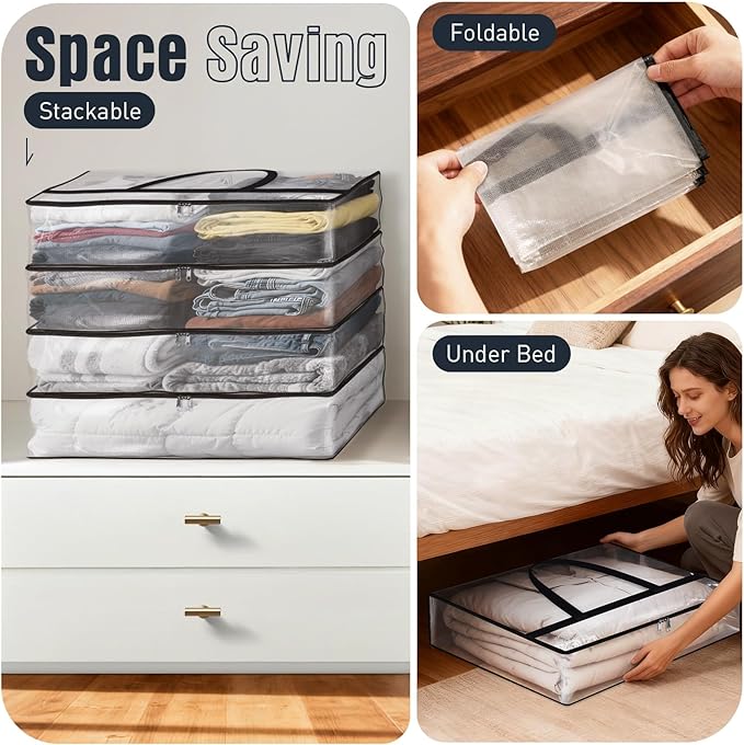 Clear Under Bed Storage Containers - 4 Pack Large Capacity Clothes Storage Bags with Lid & Sturdy Handles, Foldable Moving Bags, Clothing Organizer Totes for Bedding, Comforter, Sheet(90 L)