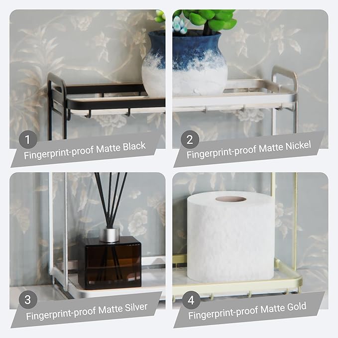 Counter Organizer for Bathroom, Kitchen or Coffee Bar, Metal Shelf with Faux Marble, Vanity Countertop Makeup Storage, Dresser Perfume Display Rack, Toilet Tank Tray (Matte Nickel, 2-Tier)