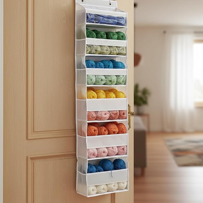 Over The Door Hanging Organizer, 6 Tier Closet Organizers and Storage with Mesh Side Pockets, Clear Window Door Shoe Organizer for Bathroom, Bedroom, Dorm, Yarn, Towel, and Accessory Storage