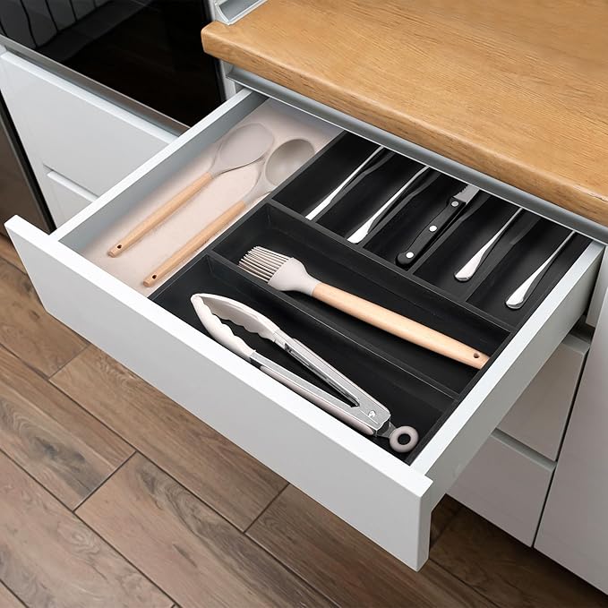 Kitchen Bamboo Silverware Organizer, Kitchen Drawer Organizer, Black