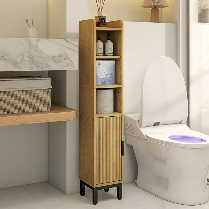 FerniTry Narrow Bathroom Storage Cabinet, Corner Toilet Paper Floor Cabinet 5 Tiers with Door and Shelves,Bathroom Organizer with Adjustable Shelf, for Small Spaces (Oak)