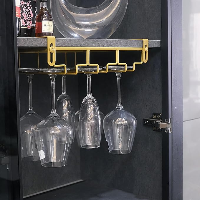 Adjustable Under Cabinet Stemware Holder - Metal Wine Glass Hanger Organizer for Kitchen, Bar, Shelf - Rustproof Hanging Storage Rack for 6-8 Glasses - Space Saving Decor (Gold, 3 Rows)