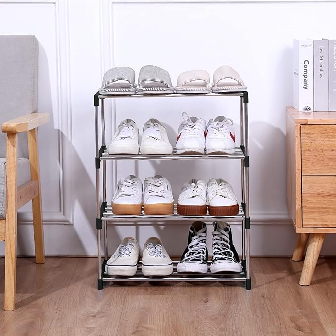 Jucaifu Stackable Small Shoe Rack, Entryway, Hallway and Closet Space Saving Storage and Organization (4-Tier, Black)