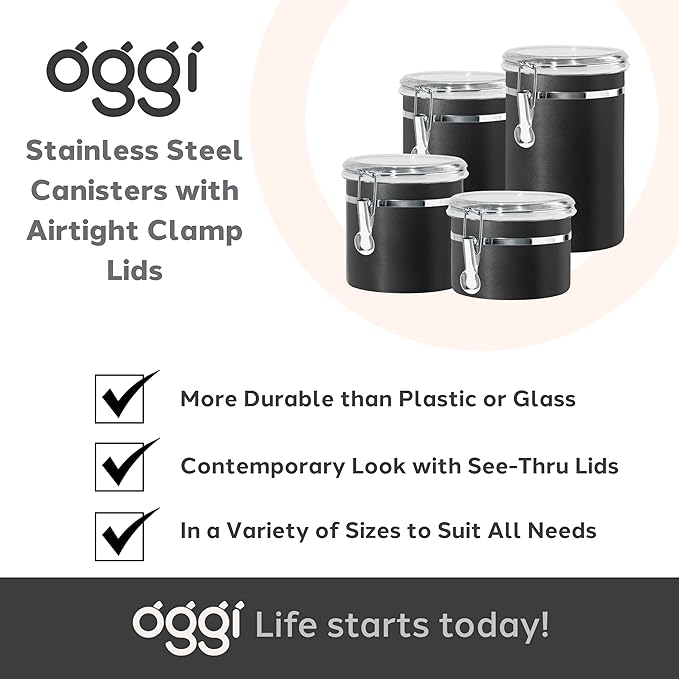 Stainless Steel Kitchen Canister 36 fl oz, Black, Airtight Clamp Lid