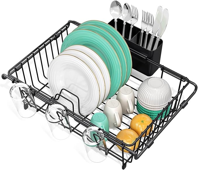 Urackify Dish Drying Rack in Sink, Expandable (15.35"-23.23" L) Over the Sink Dish Rack with Utensil Holder & Cup Holder for Compact Kitchen, Space - Saving Dish Drainer for Inside Sink, Black