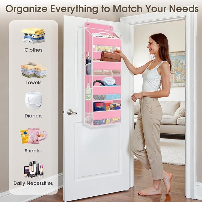 SpaceHacks 2 Pack Over The Door Organizer Hanging Storage Organizers with Clear Window 40lb Large Capacity Room Organizer for Pantry Laundry Bathroom Nursery Closet(Pink)
