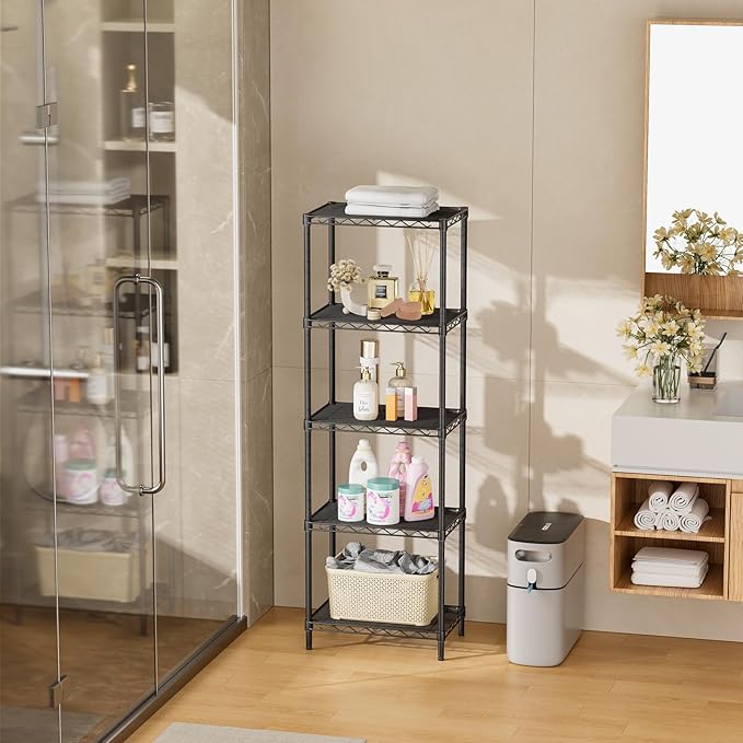 Narrow Metal Wire Shelving Unit, 10 x 16 x 55 in – Black