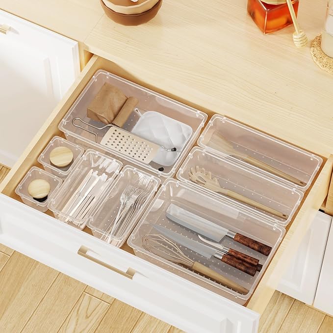 WOWBOX 40 PCS Clear Plastic Drawer Organizer Set, 4 Sizes Desk Drawer Organization and Storage Containers for Makeup, Cosmetics, Jewelry and Gadgets in Kitchen, Bathroom, Bedroom, Office, Clear