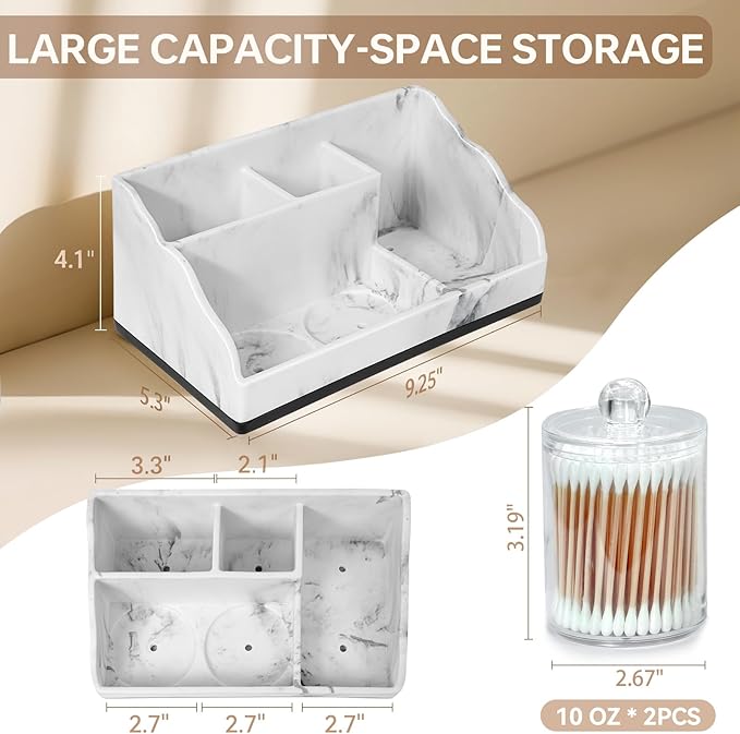 TuCao Marble Bathroom Countertop Organizer, Toothbrush Holders for Bathroom with 2PCS Qtip Holder Dispenser and Toothpaste Holder Drainage for Bathroom Accessories Organization Counter Vanity Storage