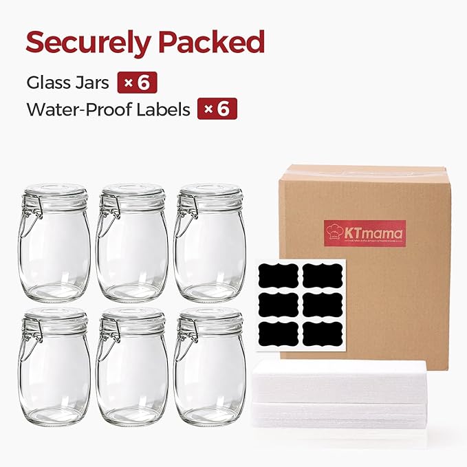 34oz 6 Pack Glass Jars with Airtight Lids - Round Food Storage Canisters for Pantry Organization, Ideal for Sugar, Cookies, Candy, Coffee, Nuts & Dry Goods | Thick Glass,BPA-Free